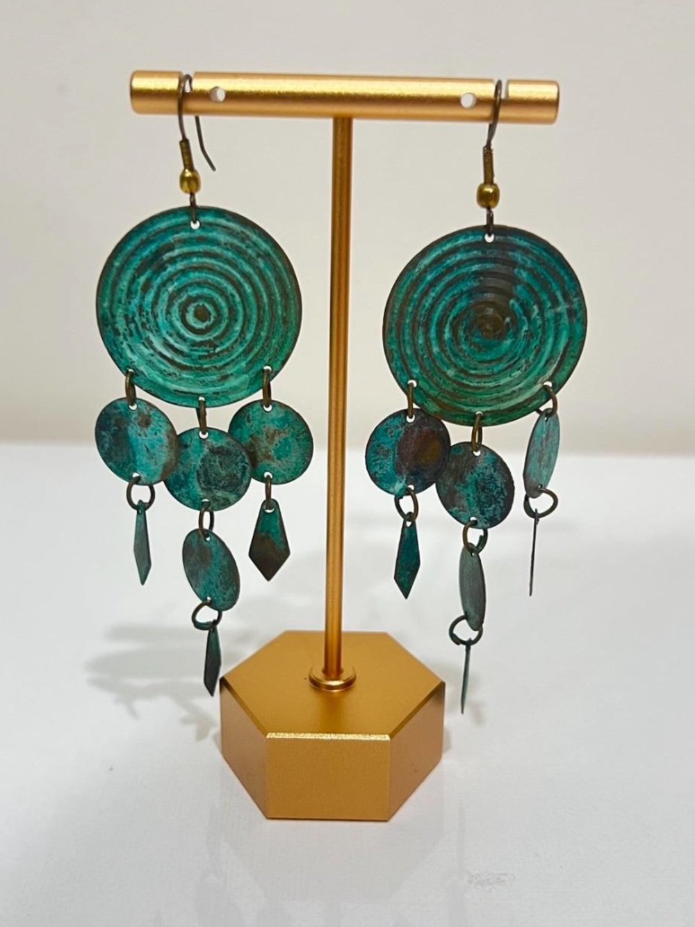 Green Metal Patina Disc Chandelier Earrings